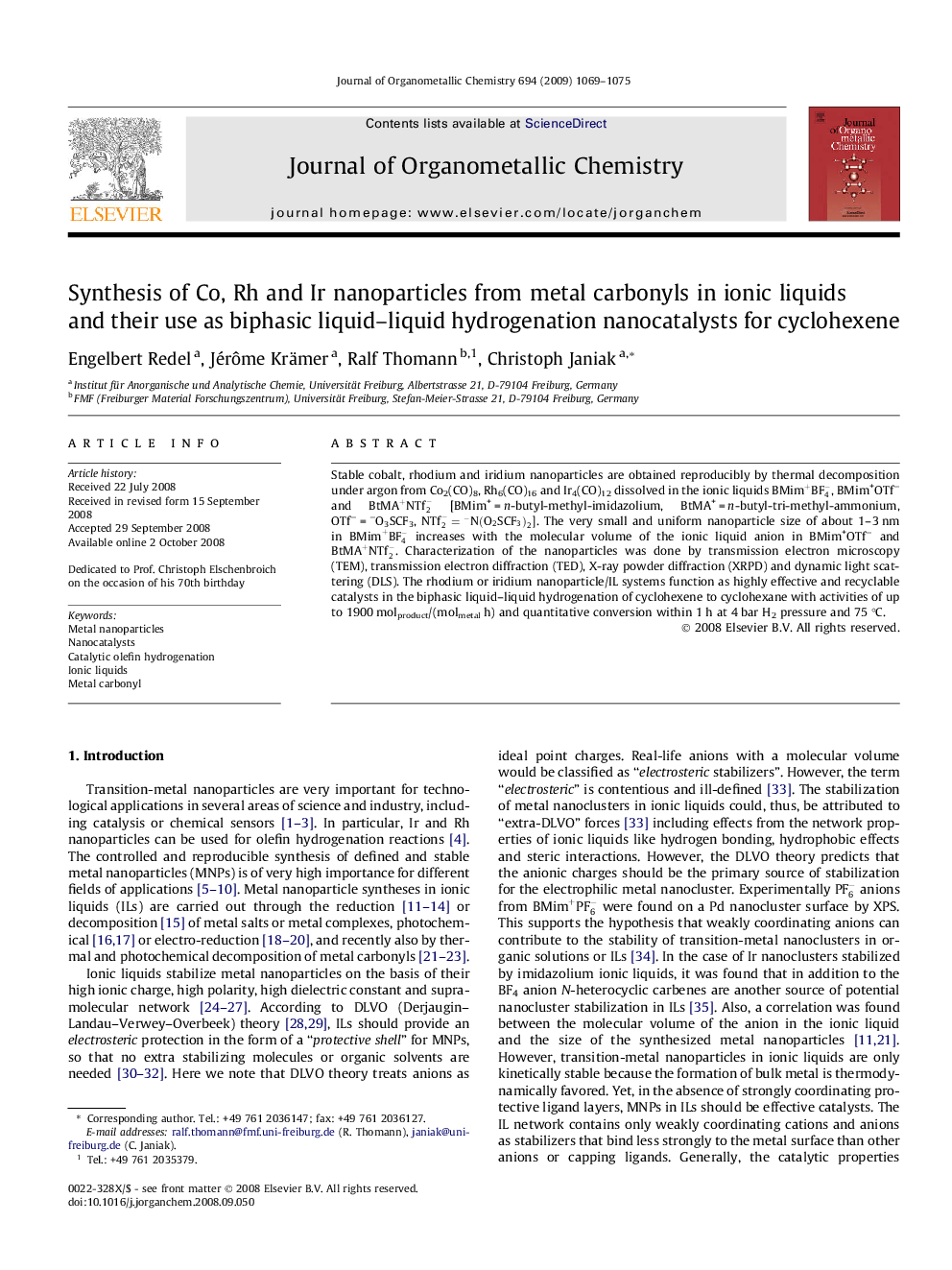 Synthesis of Co, Rh and Ir nanoparticles from metal carbonyls in ionic liquids and their use as biphasic liquid–liquid hydrogenation nanocatalysts for cyclohexene