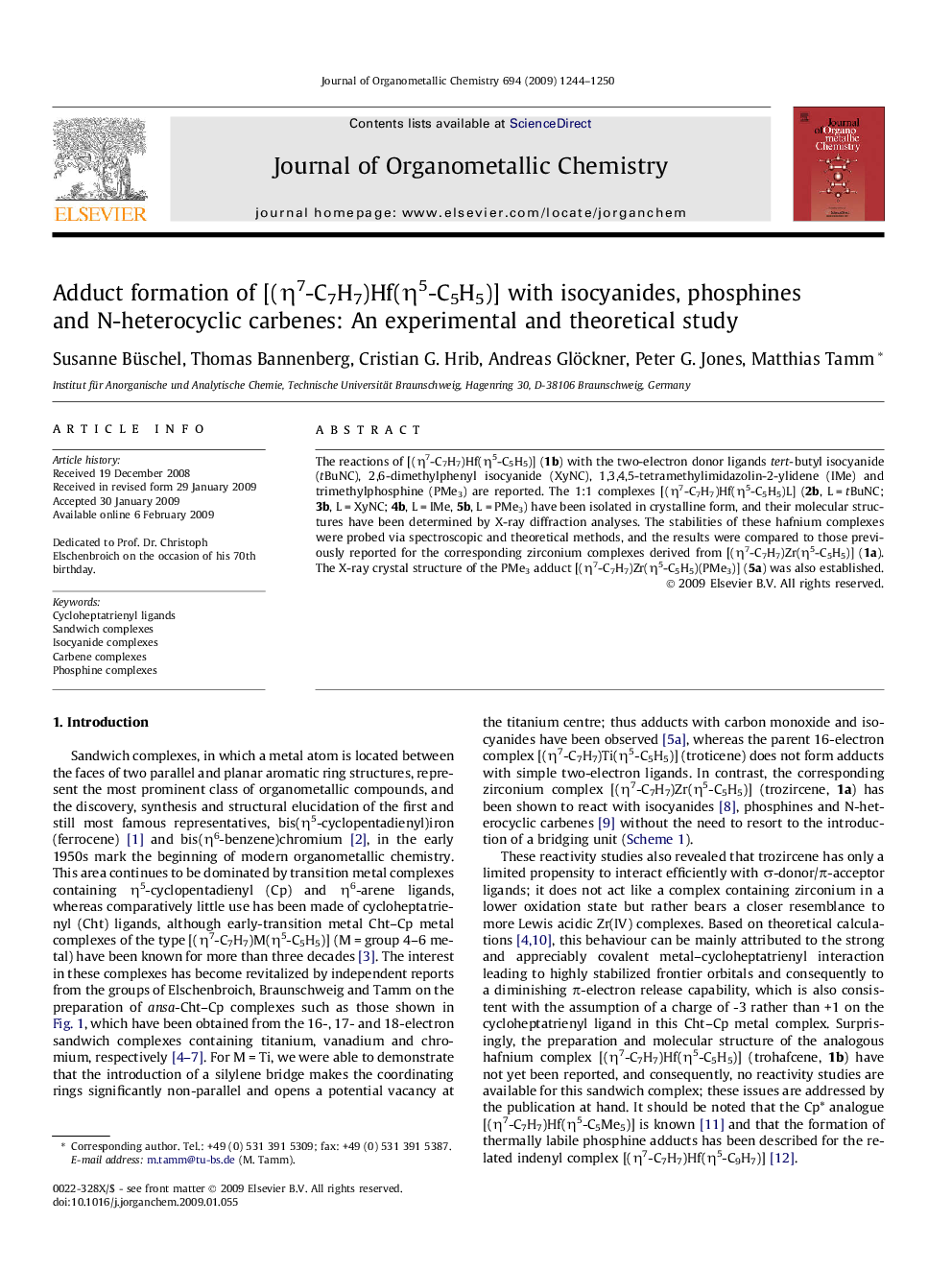 Adduct formation of [(η7-C7H7)Hf(η5-C5H5)] with isocyanides, phosphines and N-heterocyclic carbenes: An experimental and theoretical study