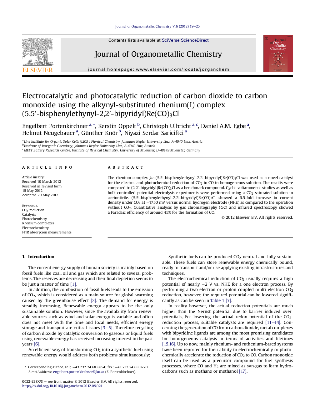 Electrocatalytic and photocatalytic reduction of carbon dioxide to carbon monoxide using the alkynyl-substituted rhenium(I) complex (5,5′-bisphenylethynyl-2,2′-bipyridyl)Re(CO)3Cl