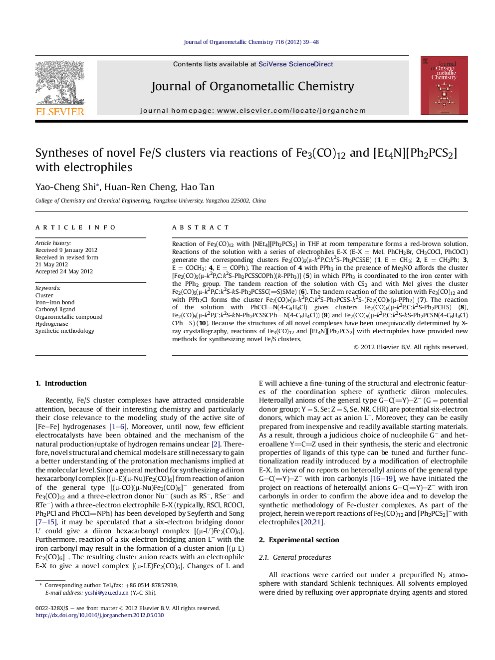 Syntheses of novel Fe/S clusters via reactions of Fe3(CO)12 and [Et4N][Ph2PCS2] with electrophiles