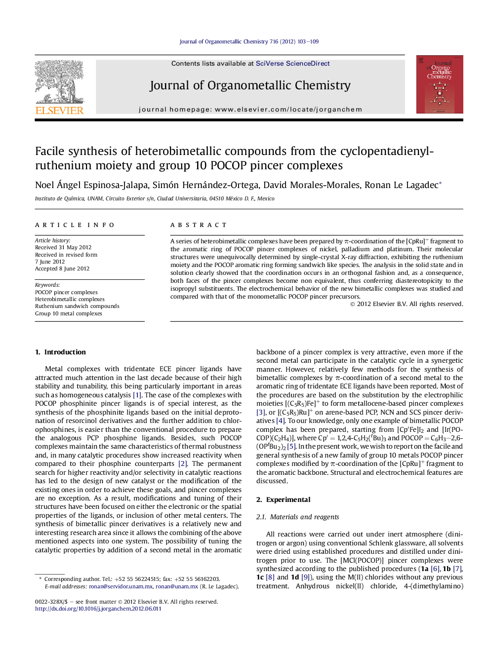 Facile synthesis of heterobimetallic compounds from the cyclopentadienyl-ruthenium moiety and group 10 POCOP pincer complexes