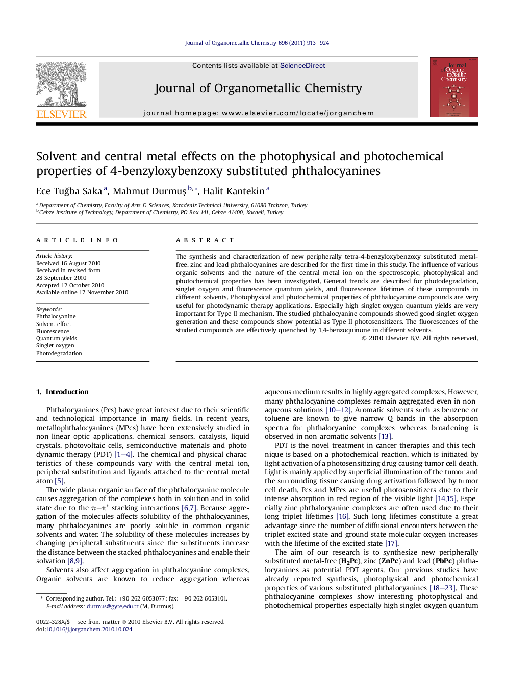 Solvent and central metal effects on the photophysical and photochemical properties of 4-benzyloxybenzoxy substituted phthalocyanines