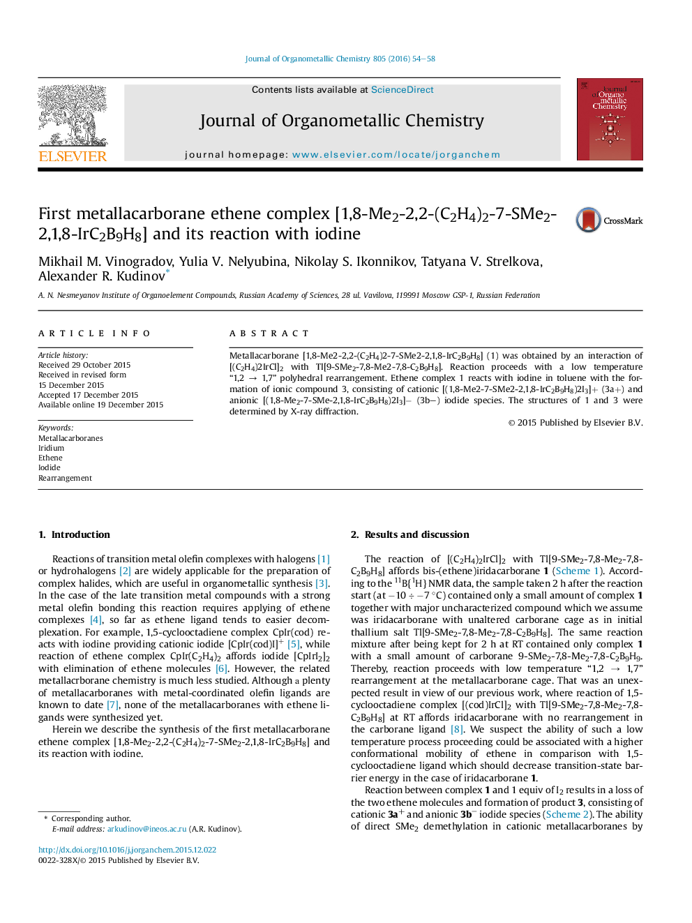 First metallacarborane ethene complex [1,8-Me2-2,2-(C2H4)2-7-SMe2-2,1,8-IrC2B9H8] and its reaction with iodine