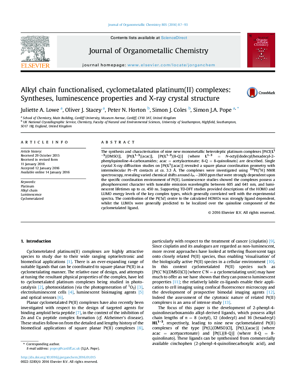 Alkyl chain functionalised, cyclometalated platinum(II) complexes: Syntheses, luminescence properties and X-ray crystal structure