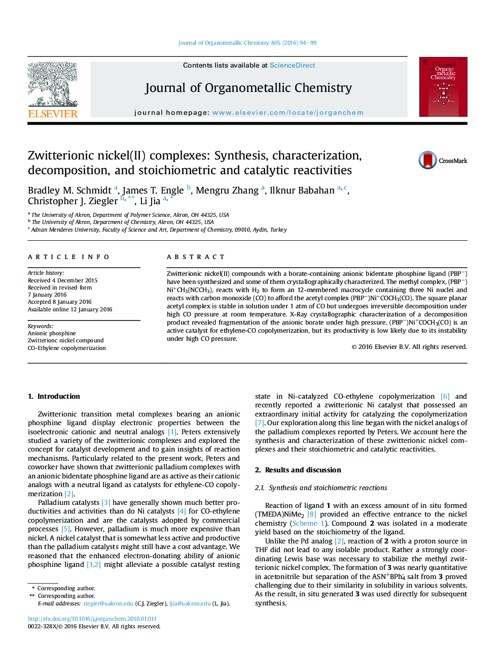 Zwitterionic nickel(II) complexes: Synthesis, characterization, decomposition, and stoichiometric and catalytic reactivities