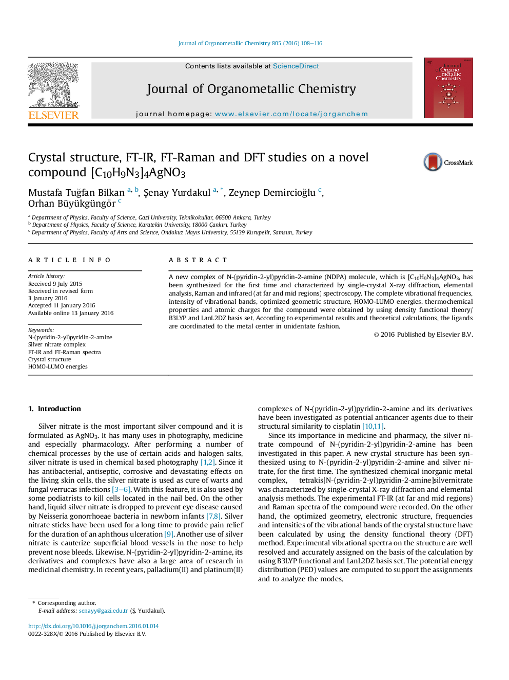 Crystal structure, FT-IR, FT-Raman and DFT studies on a novel compound [C10H9N3]4AgNO3