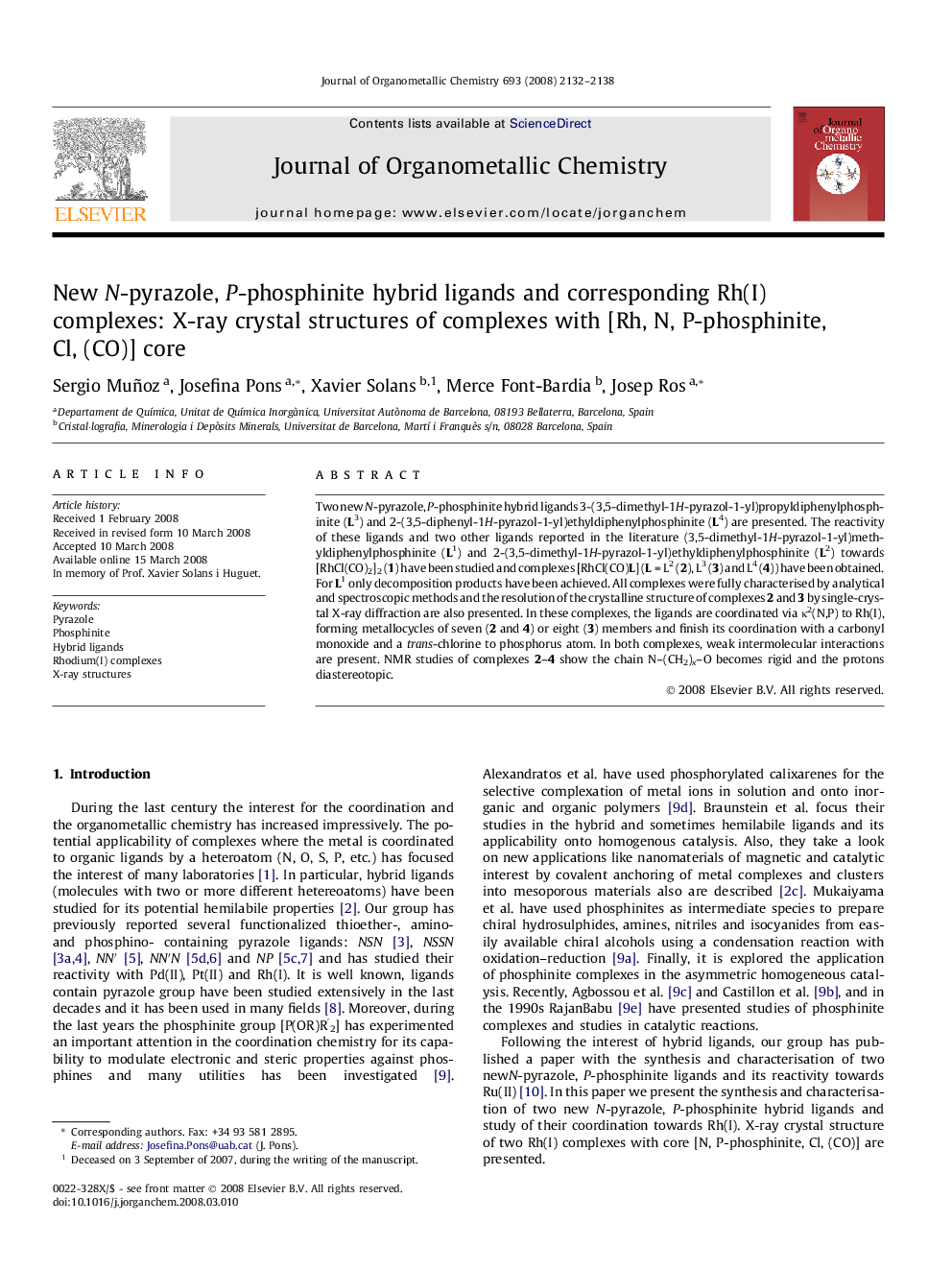 New N-pyrazole, P-phosphinite hybrid ligands and corresponding Rh(I) complexes: X-ray crystal structures of complexes with [Rh, N, P-phosphinite, Cl, (CO)] core