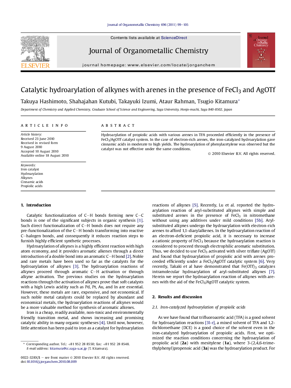 Catalytic hydroarylation of alkynes with arenes in the presence of FeCl3 and AgOTf