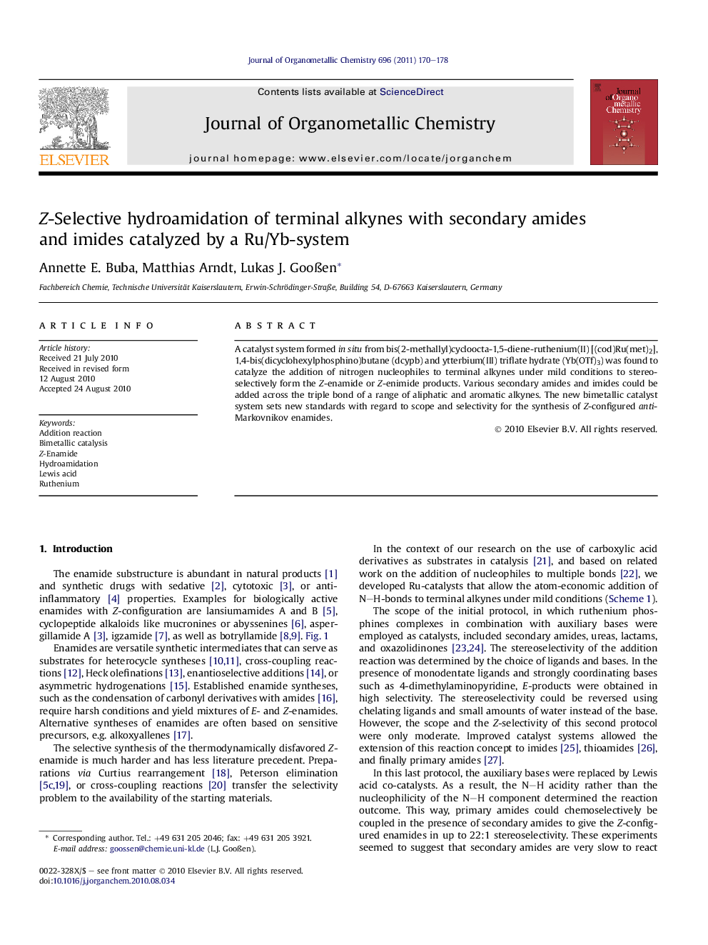 Z-Selective hydroamidation of terminal alkynes with secondary amides and imides catalyzed by a Ru/Yb-system