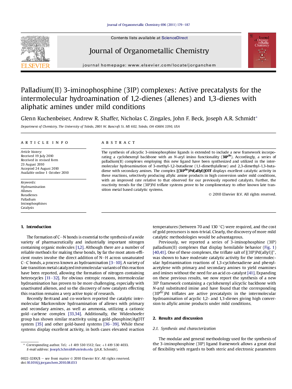 Palladium(II) 3-iminophosphine (3IP) complexes: Active precatalysts for the intermolecular hydroamination of 1,2-dienes (allenes) and 1,3-dienes with aliphatic amines under mild conditions