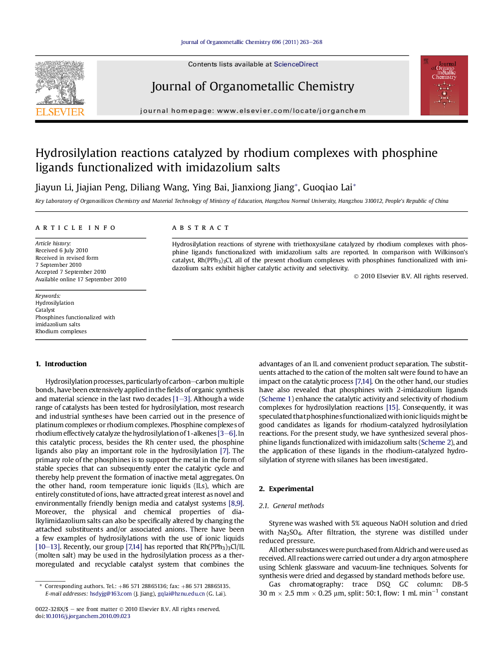 Hydrosilylation reactions catalyzed by rhodium complexes with phosphine ligands functionalized with imidazolium salts