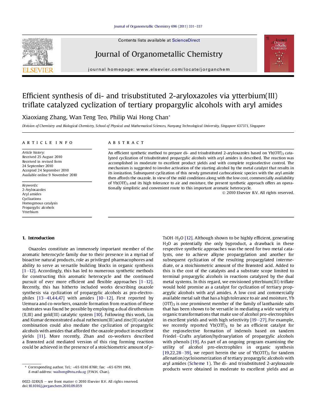 Efficient synthesis of di- and trisubstituted 2-aryloxazoles via ytterbium(III) triflate catalyzed cyclization of tertiary propargylic alcohols with aryl amides