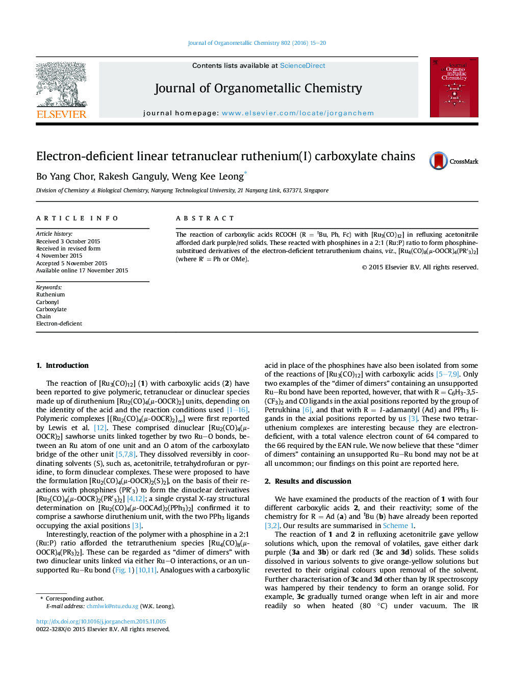 Electron-deficient linear tetranuclear ruthenium(I) carboxylate chains