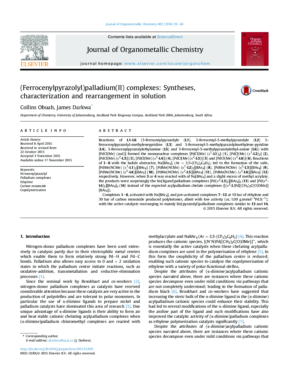 (Ferrocenylpyrazolyl)palladium(II) complexes: Syntheses, characterization and rearrangement in solution