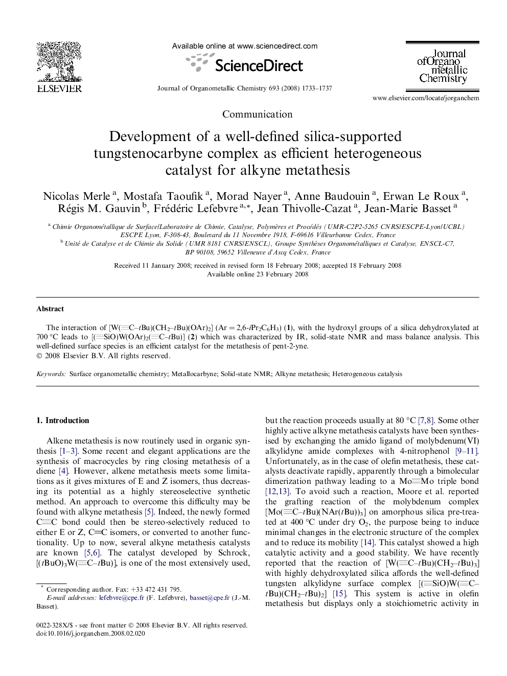 Development of a well-defined silica-supported tungstenocarbyne complex as efficient heterogeneous catalyst for alkyne metathesis