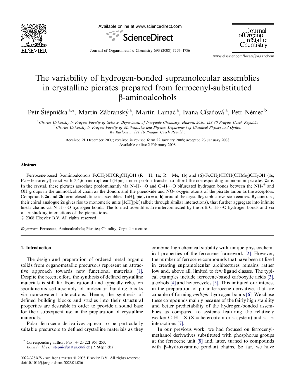عکس صفحه اول مقاله: The variability of hydrogen-bonded supramolecular assemblies in crystalline picrates prepared from ferrocenyl-substituted β-aminoalcohols The variability of hydrogen-bonded supramolecular assemblies in crystalline picrates prepared from ferrocenyl-substituted β-aminoalcohols