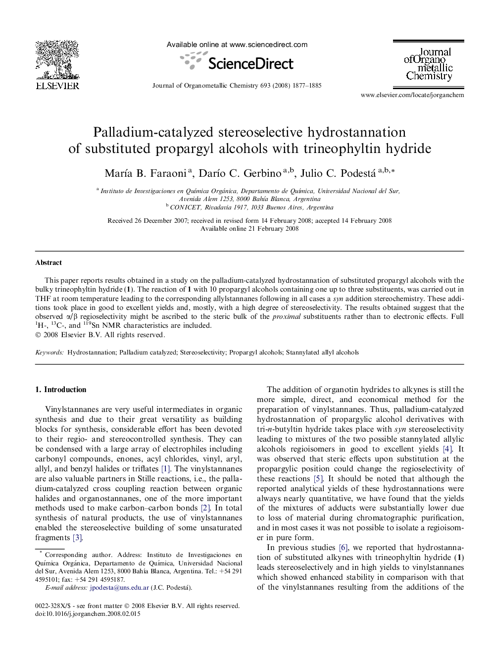 Palladium-catalyzed stereoselective hydrostannation of substituted propargyl alcohols with trineophyltin hydride