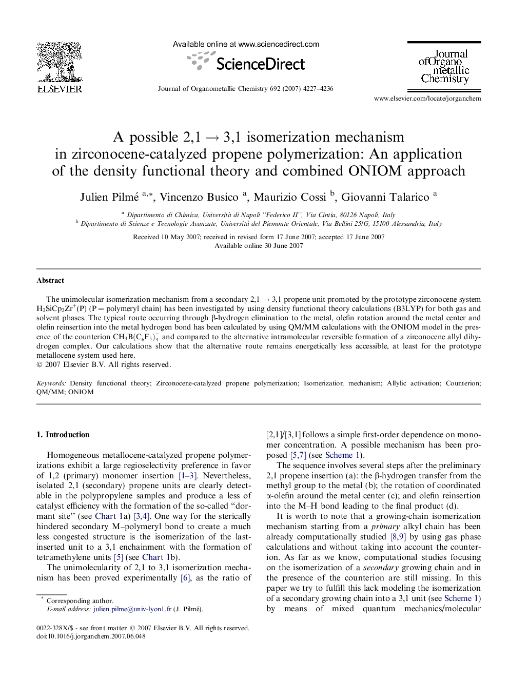 A possible 2,1 → 3,1 isomerization mechanism in zirconocene-catalyzed propene polymerization: An application of the density functional theory and combined ONIOM approach