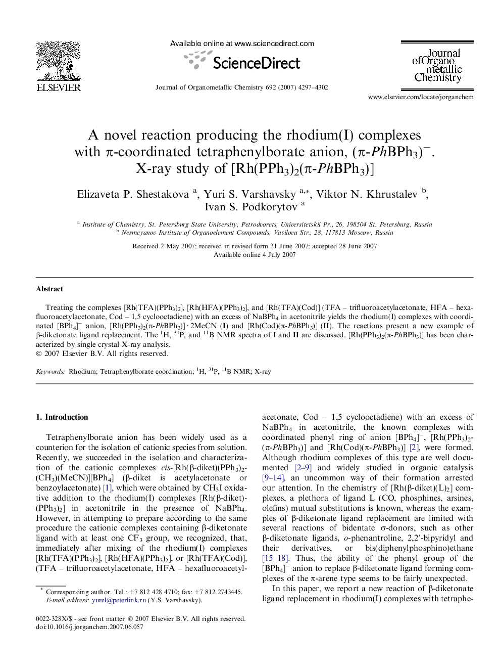 A novel reaction producing the rhodium(I) complexes with π-coordinated tetraphenylborate anion, (π-PhBPh3)−. X-ray study of [Rh(PPh3)2(π-PhBPh3)]