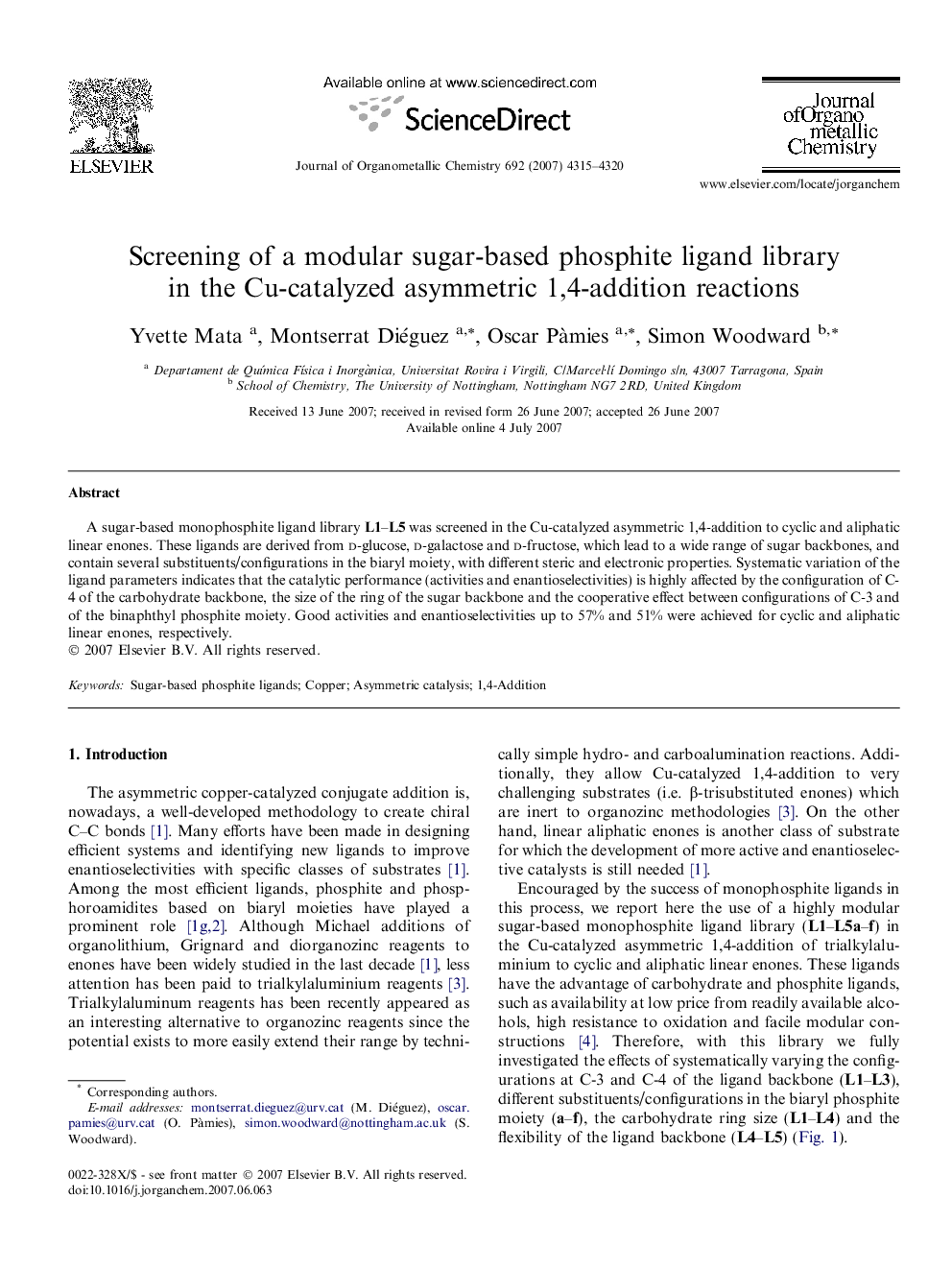 Screening of a modular sugar-based phosphite ligand library in the Cu-catalyzed asymmetric 1,4-addition reactions