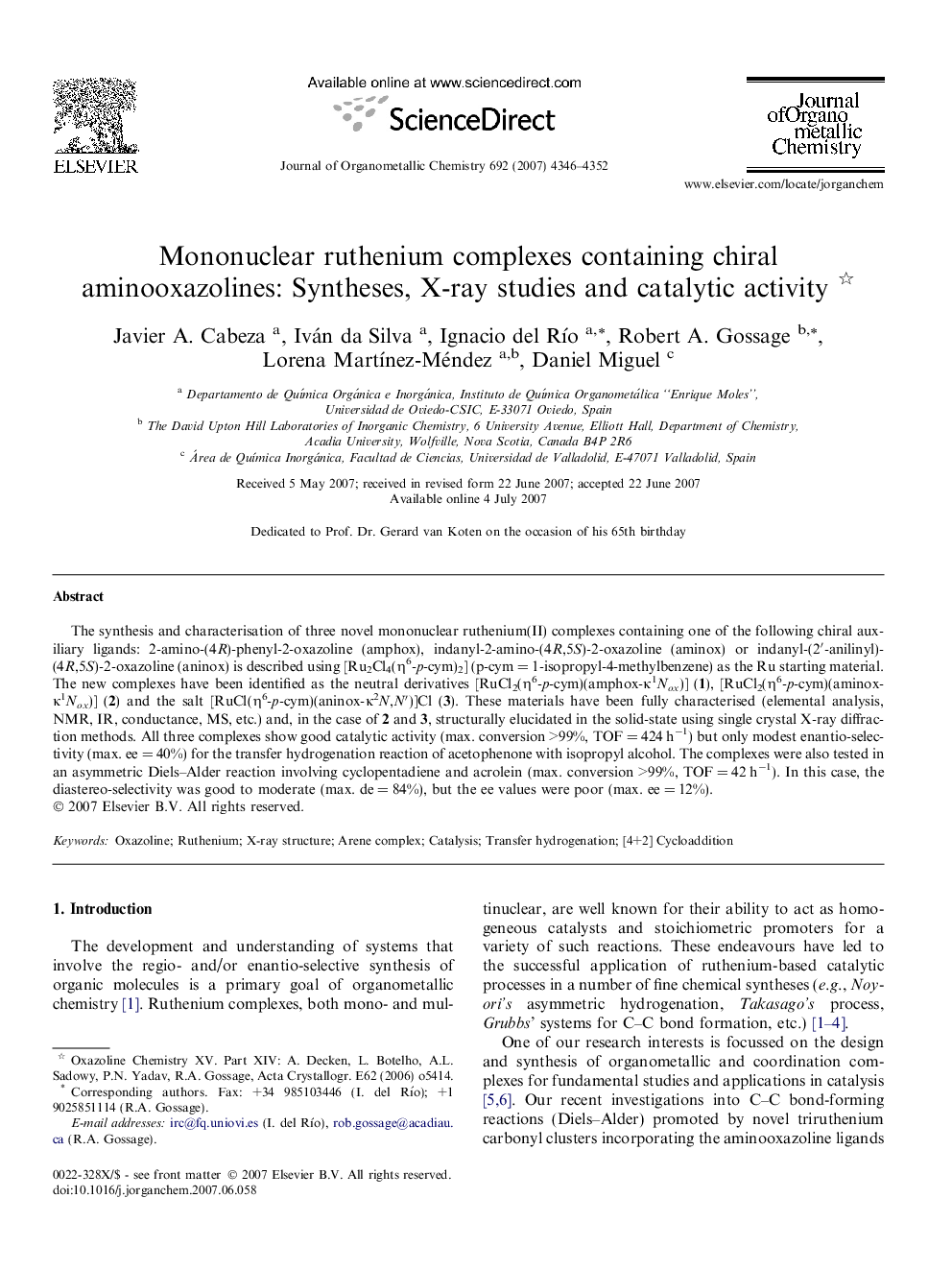 Mononuclear ruthenium complexes containing chiral aminooxazolines: Syntheses, X-ray studies and catalytic activity 