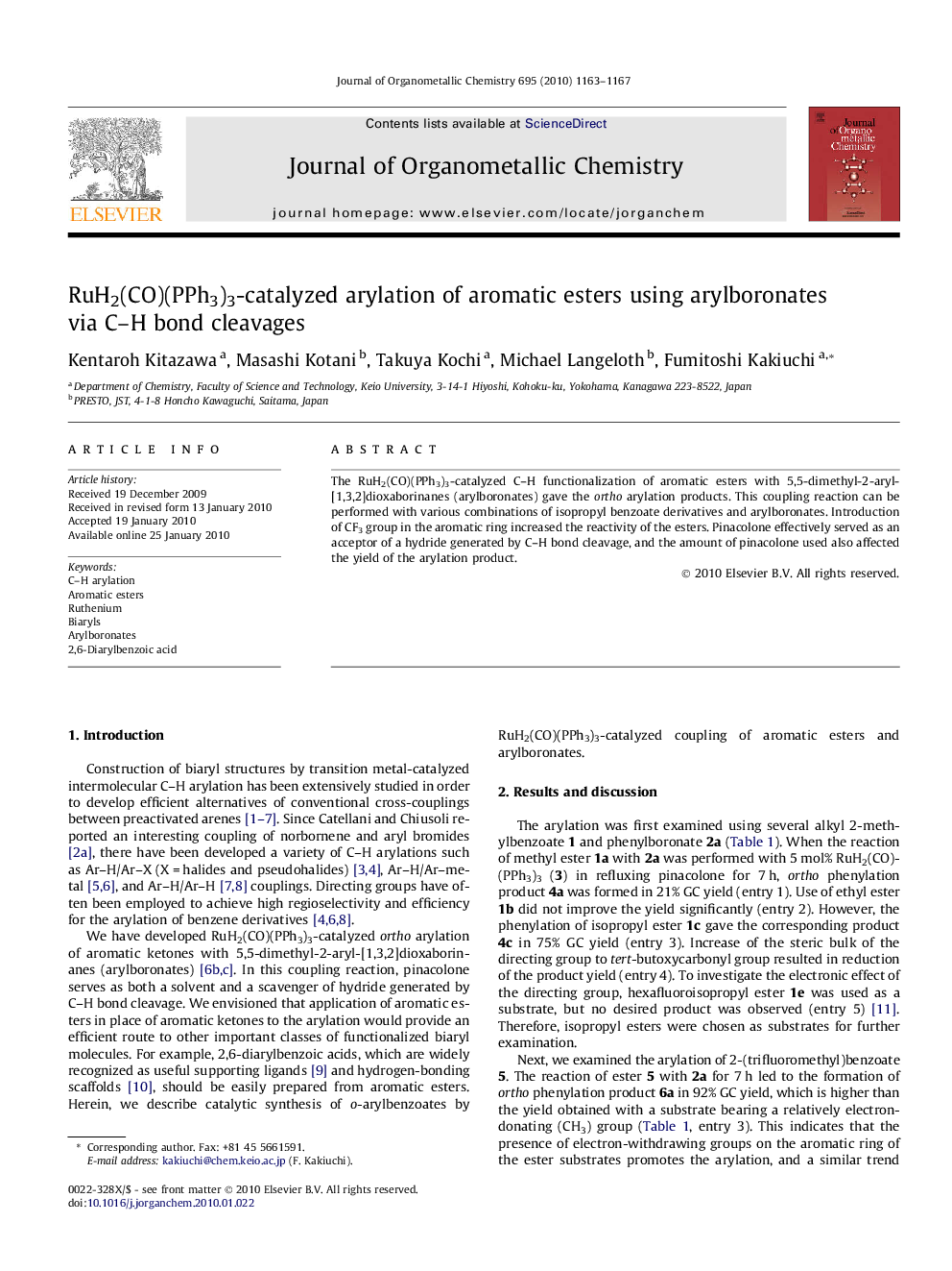 RuH2(CO)(PPh3)3-catalyzed arylation of aromatic esters using arylboronates via C–H bond cleavages
