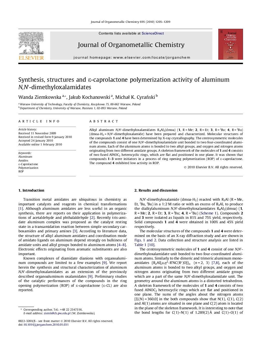 Synthesis, structures and Îµ-caprolactone polymerization activity of aluminum N,Nâ²-dimethyloxalamidates