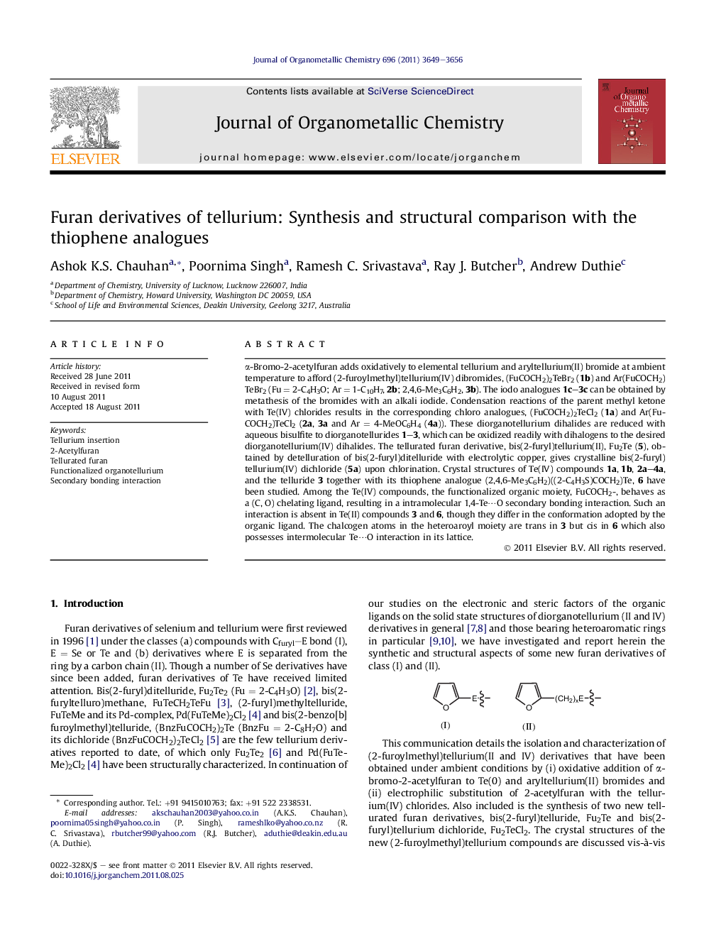 Furan derivatives of tellurium: Synthesis and structural comparison with the thiophene analogues