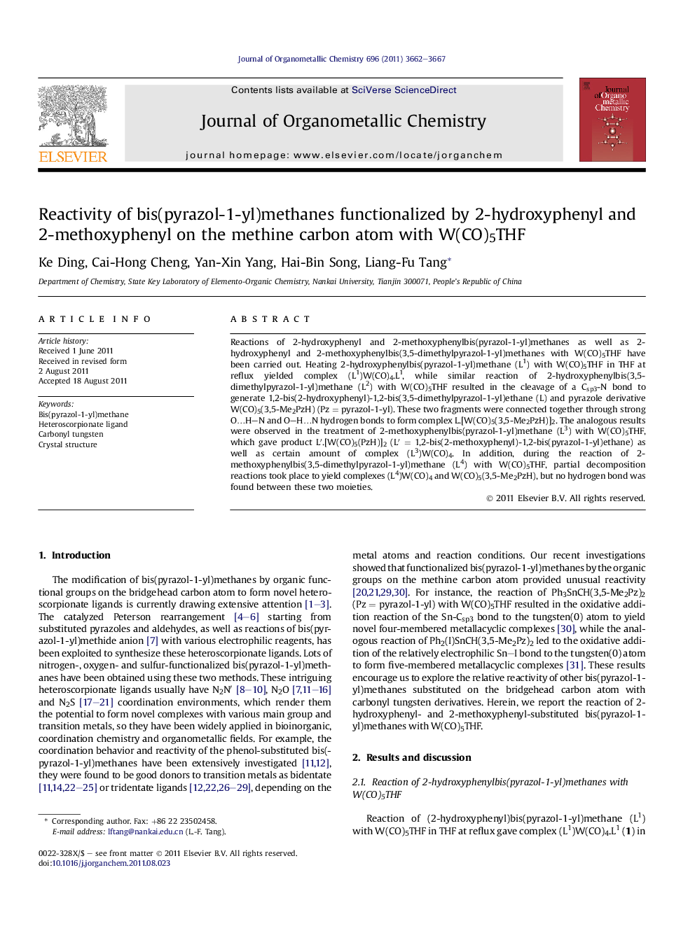 Reactivity of bis(pyrazol-1-yl)methanes functionalized by 2-hydroxyphenyl and 2-methoxyphenyl on the methine carbon atom with W(CO)5THF