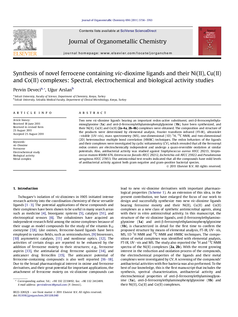 Synthesis of novel ferrocene containing vic-dioxime ligands and their Ni(II), Cu(II) and Co(II) complexes: Spectral, electrochemical and biological activity studies