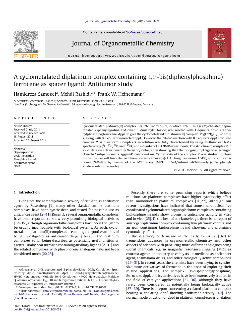 A cyclometalated diplatinum complex containing 1,1′-bis(diphenylphosphino)ferrocene as spacer ligand: Antitumor study