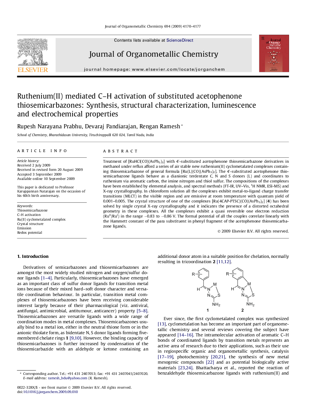 Ruthenium(II) mediated C–H activation of substituted acetophenone thiosemicarbazones: Synthesis, structural characterization, luminescence and electrochemical properties