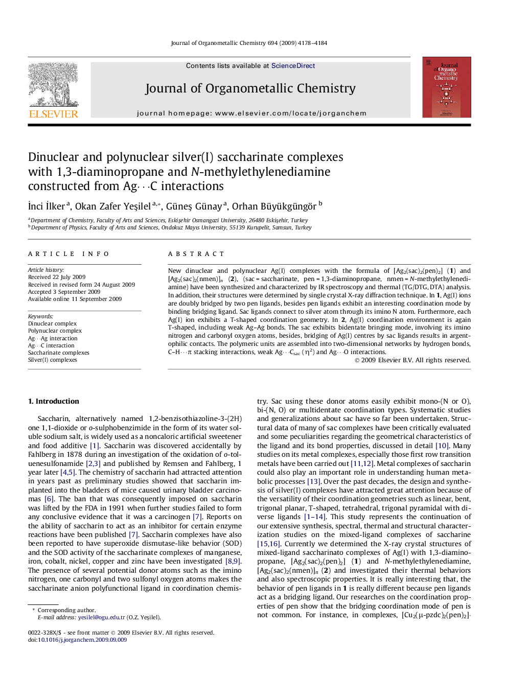 Dinuclear and polynuclear silver(I) saccharinate complexes with 1,3-diaminopropane and N-methylethylenediamine constructed from Ag⋯C interactions