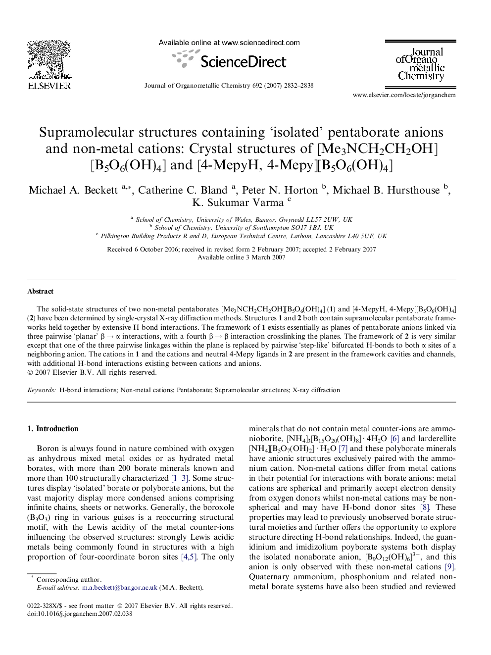 Supramolecular structures containing ‘isolated’ pentaborate anions and non-metal cations: Crystal structures of [Me3NCH2CH2OH][B5O6(OH)4] and [4-MepyH, 4-Mepy][B5O6(OH)4]