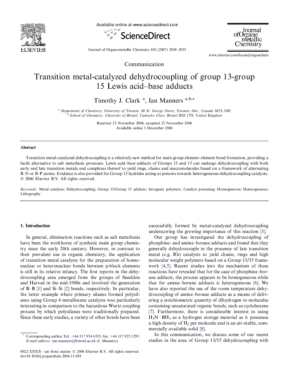 Transition metal-catalyzed dehydrocoupling of group 13-group 15 Lewis acid–base adducts