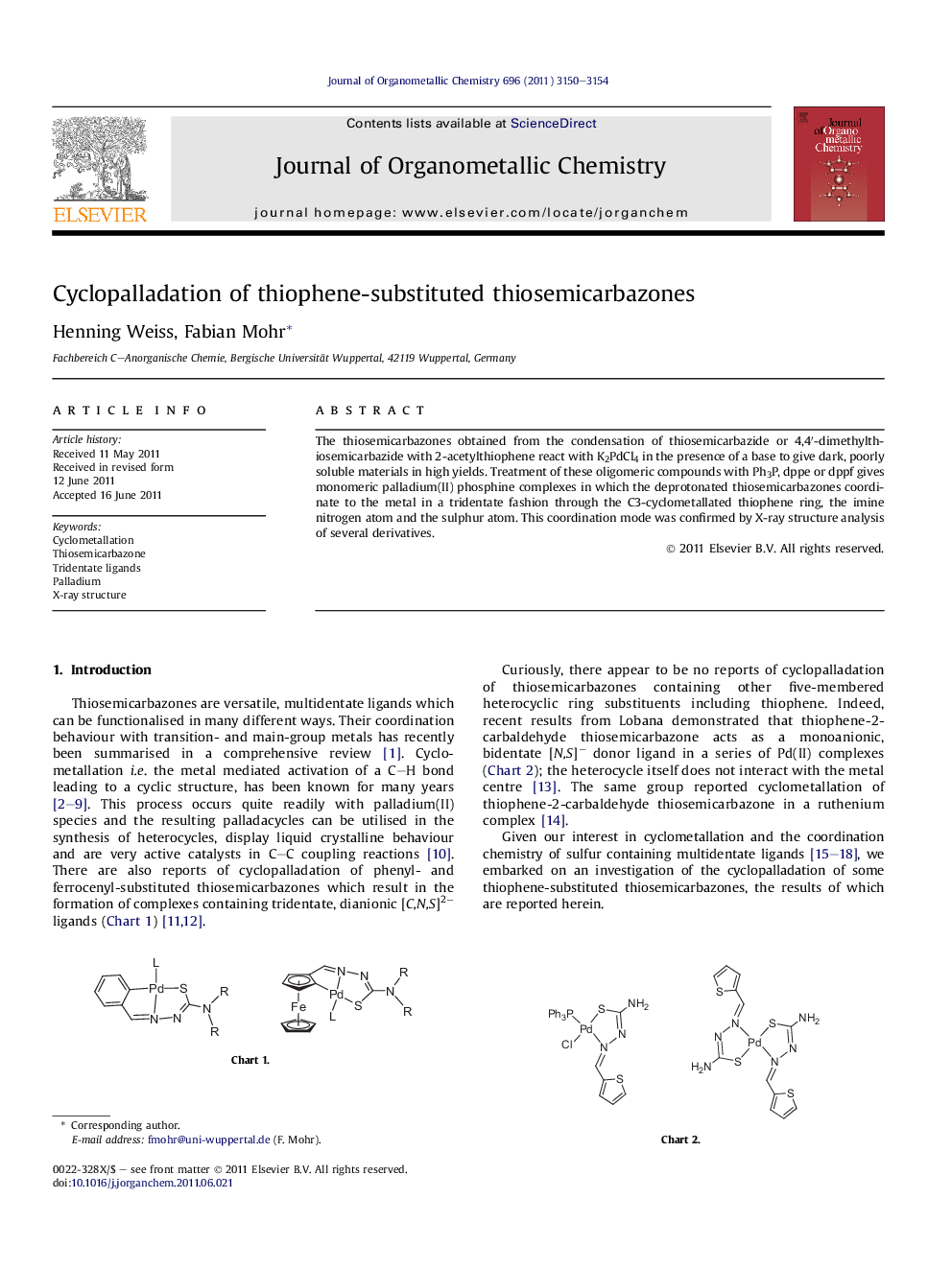 Cyclopalladation of thiophene-substituted thiosemicarbazones