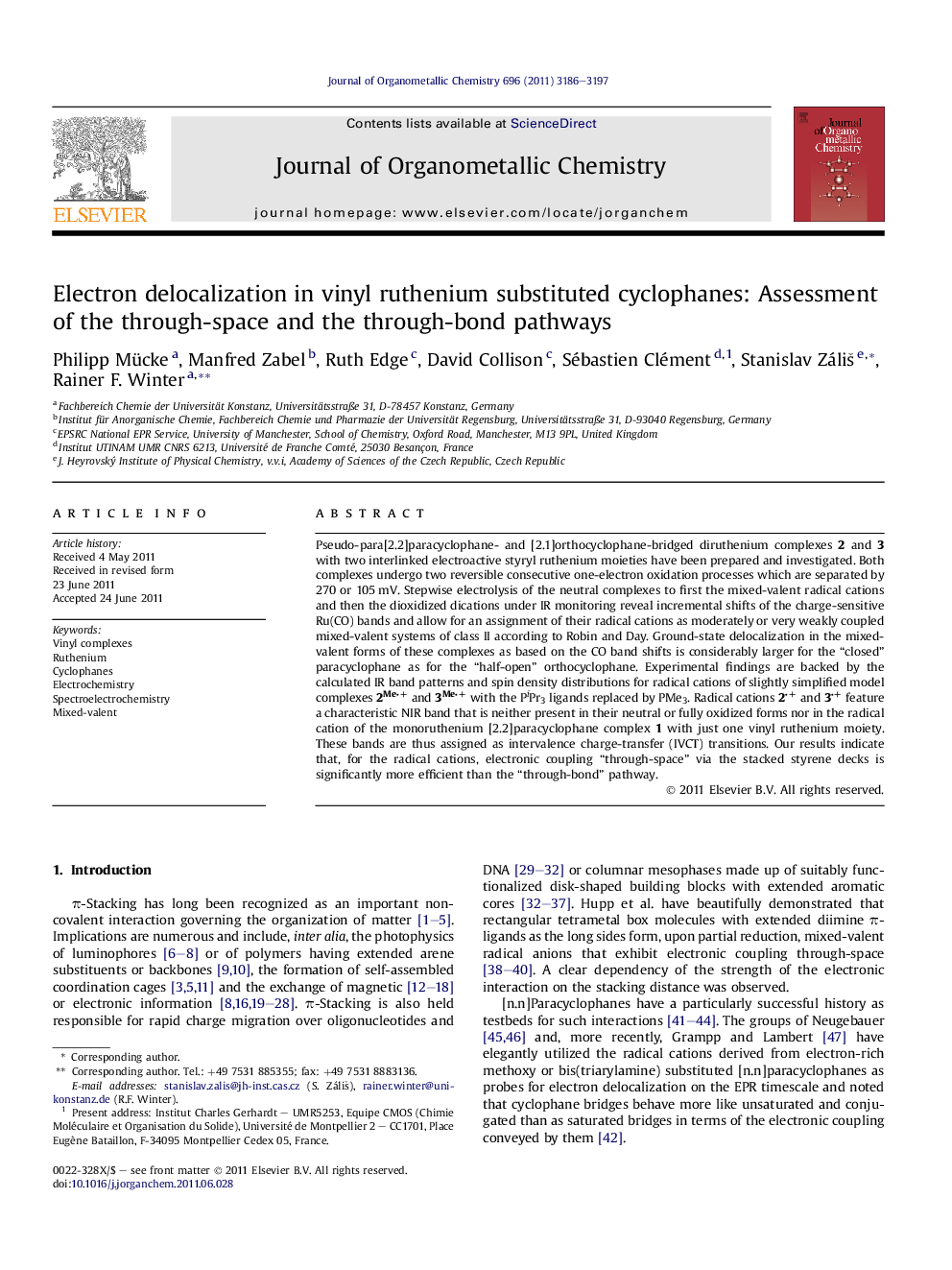 Electron delocalization in vinyl ruthenium substituted cyclophanes: Assessment of the through-space and the through-bond pathways