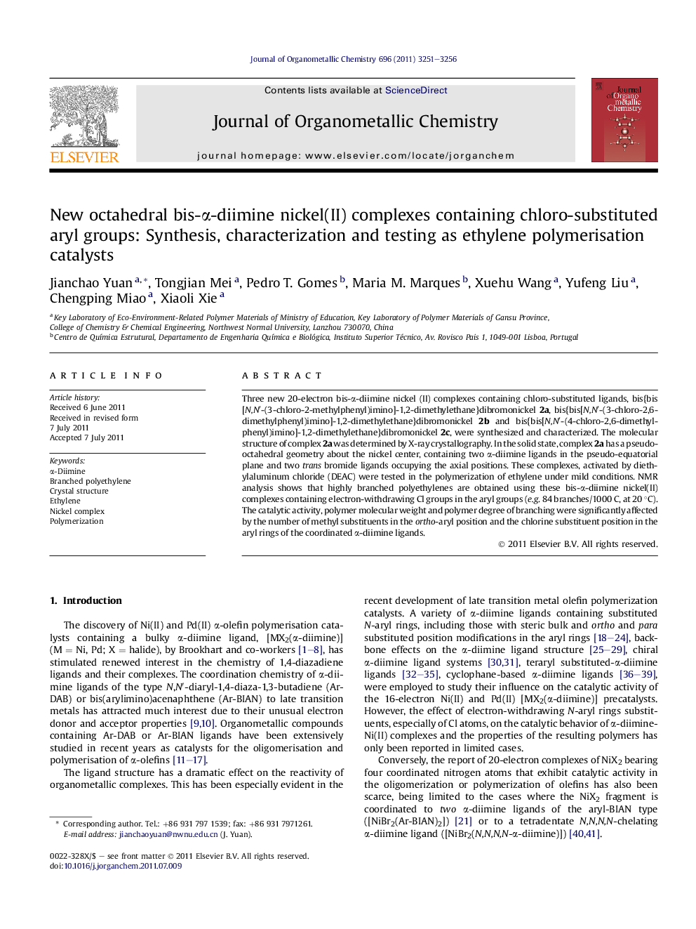 New octahedral bis-α-diimine nickel(II) complexes containing chloro-substituted aryl groups: Synthesis, characterization and testing as ethylene polymerisation catalysts