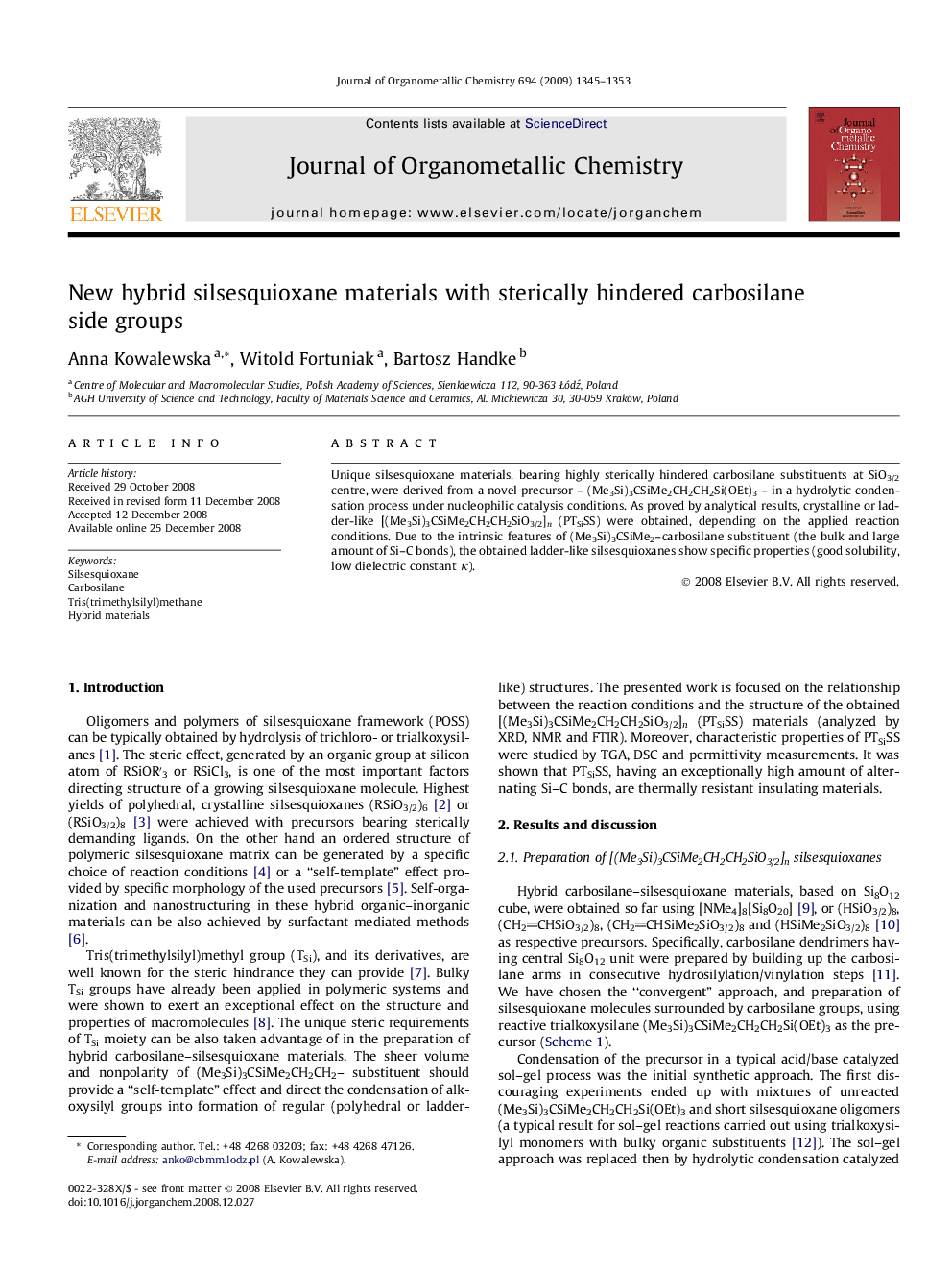 New hybrid silsesquioxane materials with sterically hindered carbosilane side groups