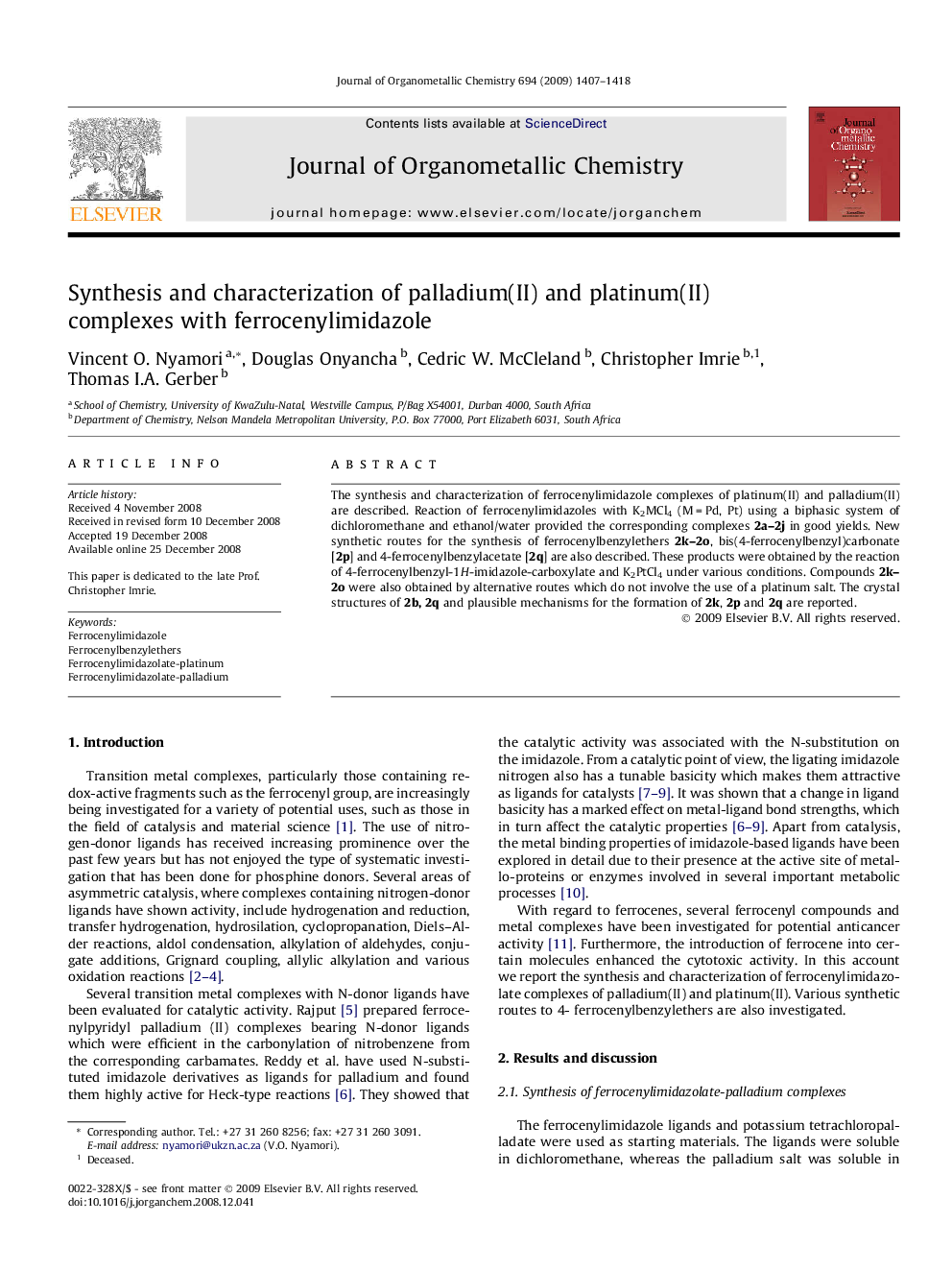 Synthesis and characterization of palladium(II) and platinum(II) complexes with ferrocenylimidazole