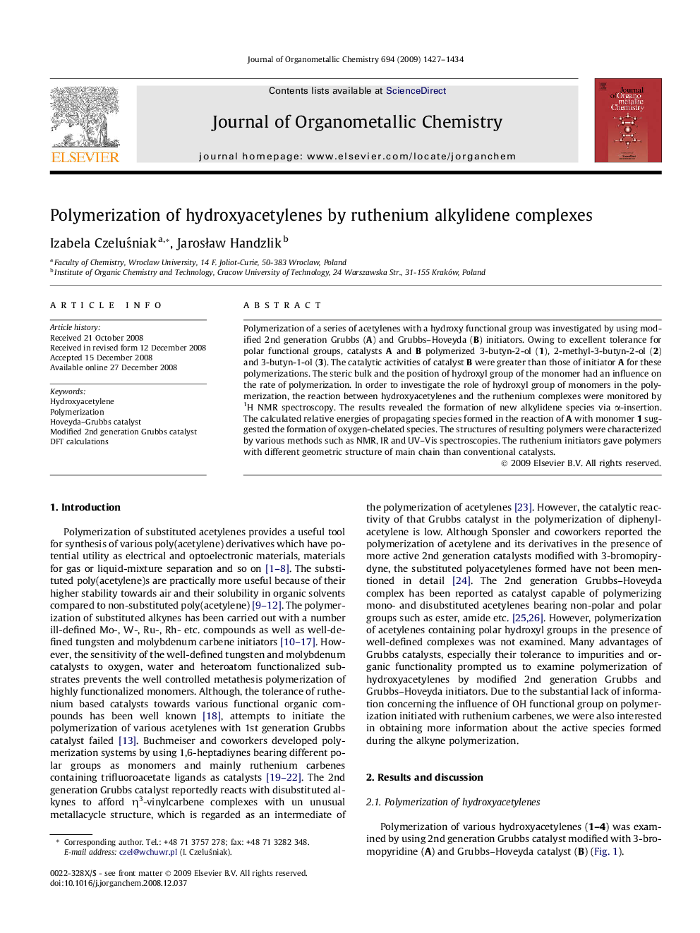 Polymerization of hydroxyacetylenes by ruthenium alkylidene complexes