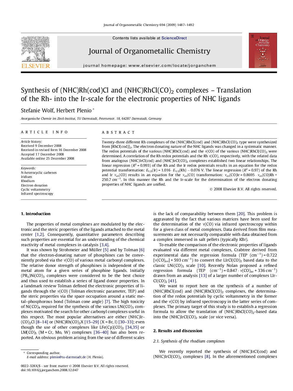 Synthesis of (NHC)Rh(cod)Cl and (NHC)RhCl(CO)2 complexes – Translation of the Rh- into the Ir-scale for the electronic properties of NHC ligands