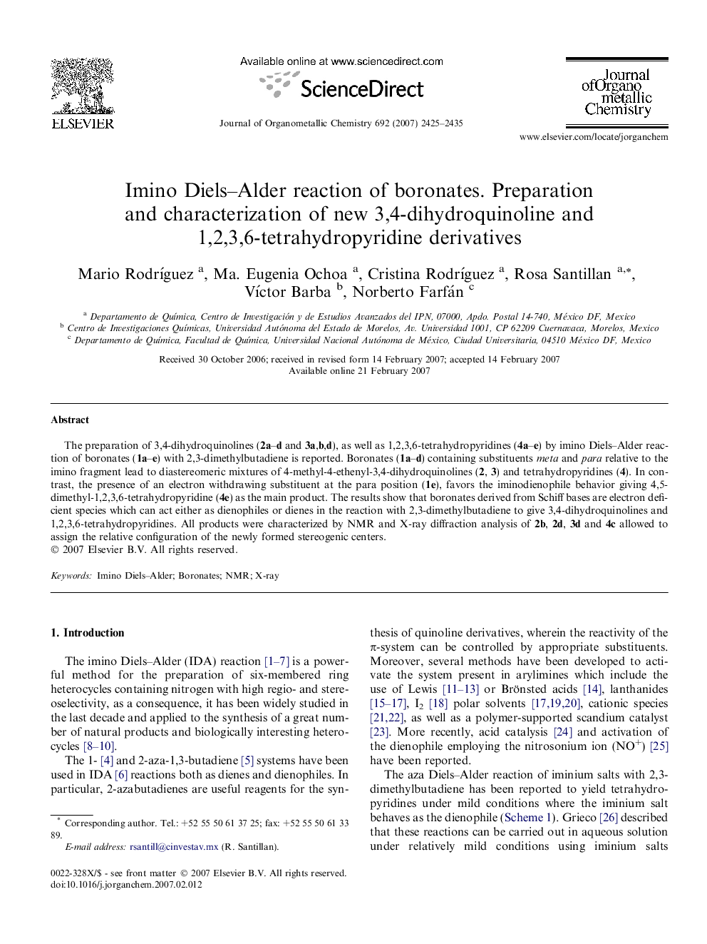 Imino Diels-Alder reaction of boronates. Preparation and characterization of new 3,4-dihydroquinoline and 1,2,3,6-tetrahydropyridine derivatives