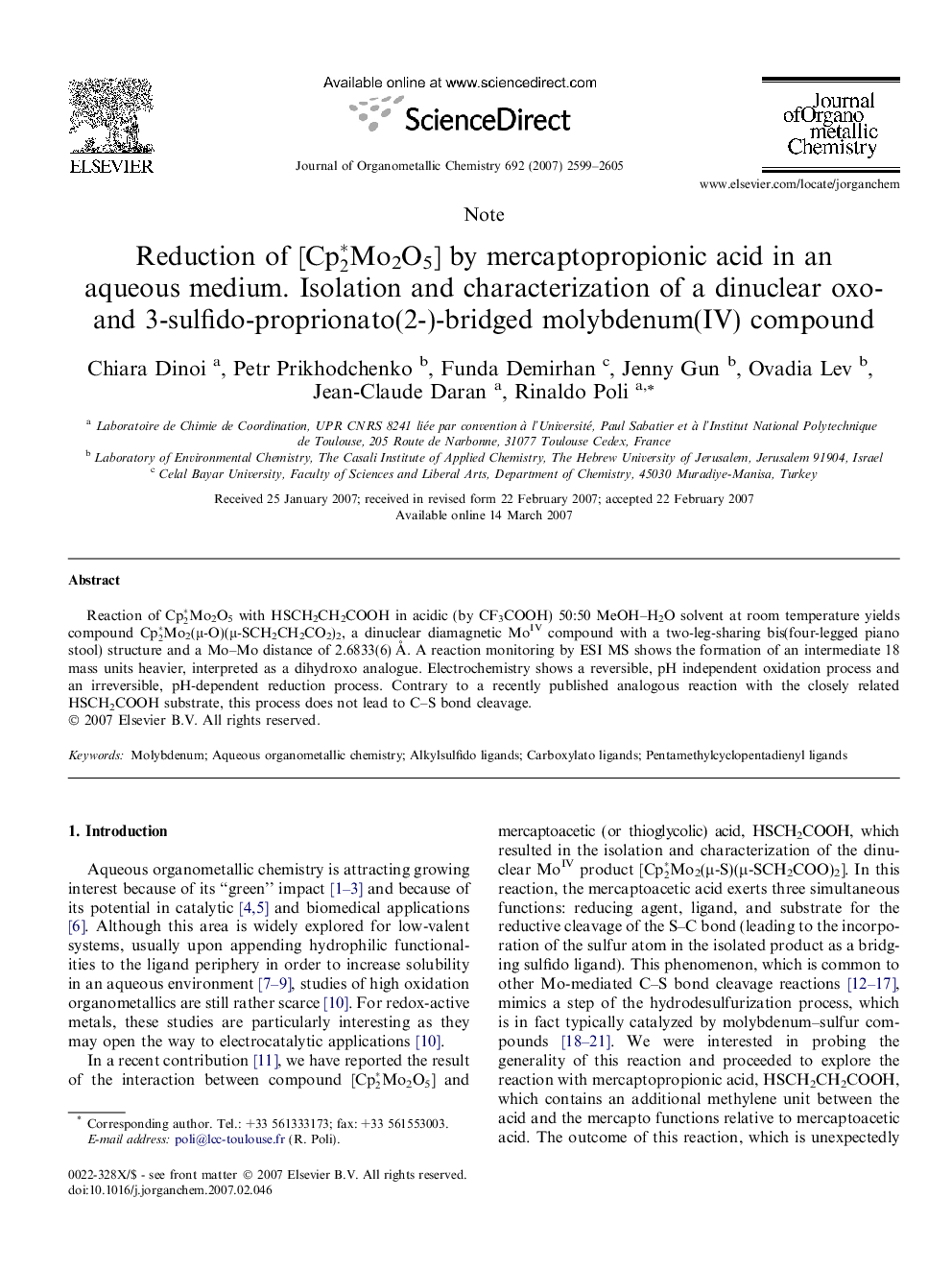 Reduction of [Cp2∗Mo2O5] by mercaptopropionic acid in an aqueous medium. Isolation and characterization of a dinuclear oxo- and 3-sulfido-proprionato(2-)-bridged molybdenum(IV) compound