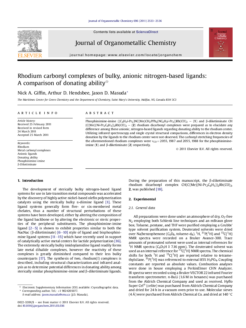عکس صفحه اول مقاله: Rhodium carbonyl complexes of bulky, anionic nitrogen-based ligands: A comparison of donating ability Rhodium carbonyl complexes of bulky, anionic nitrogen-based ligands: A comparison of donating ability