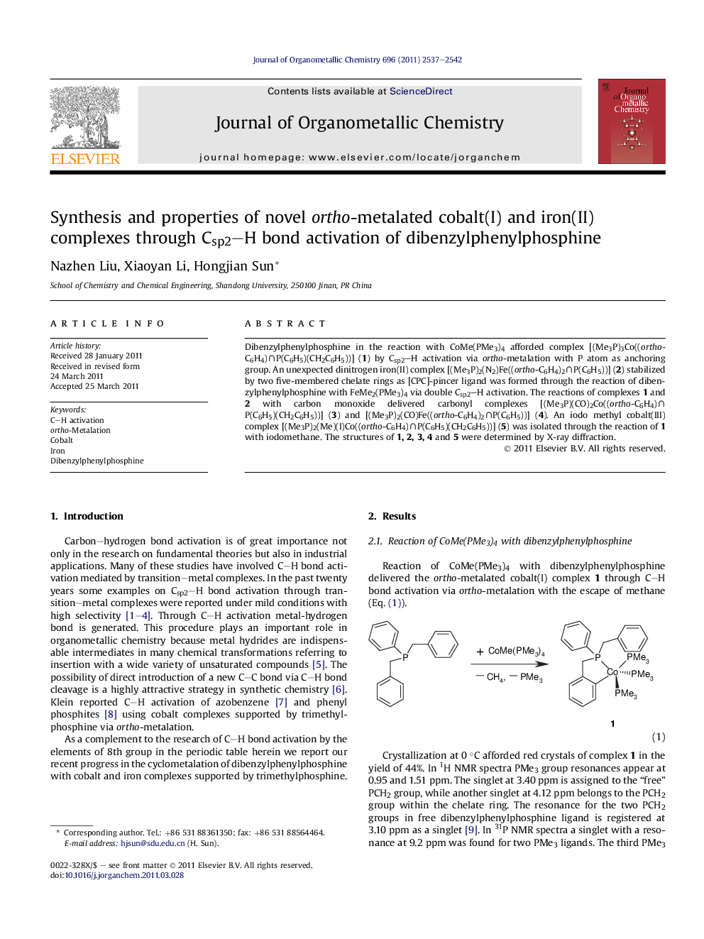 عکس صفحه اول مقاله: Synthesis and properties of novel ortho-metalated cobalt(I) and iron(II) complexes through Csp2–H bond activation of dibenzylphenylphosphine Synthesis and properties of novel ortho-metalated cobalt(I) and iron(II) complexes through Csp2–H bond activation of dibenzylphenylphosphine