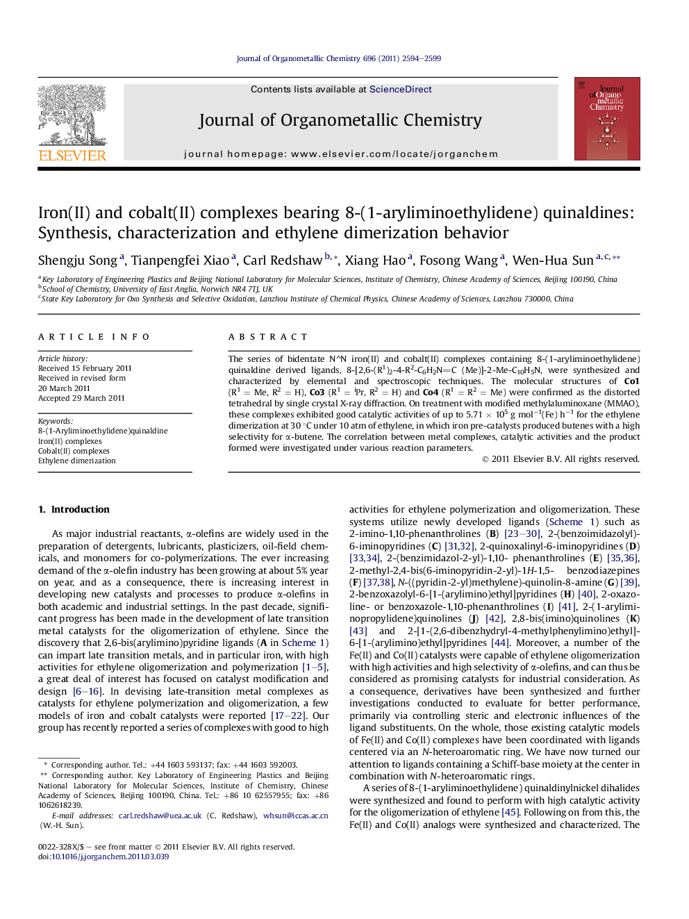 عکس صفحه اول مقاله: Iron(II) and cobalt(II) complexes bearing 8-(1-aryliminoethylidene) quinaldines: Synthesis, characterization and ethylene dimerization behavior Iron(II) and cobalt(II) complexes bearing 8-(1-aryliminoethylidene) quinaldines: Synthesis, characterization and ethylene dimerization behavior