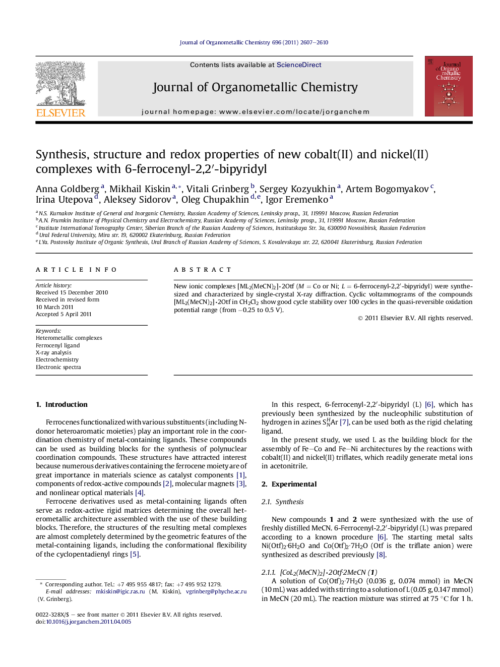 Synthesis, structure and redox properties of new cobalt(II) and nickel(II) complexes with 6-ferrocenyl-2,2â²-bipyridyl