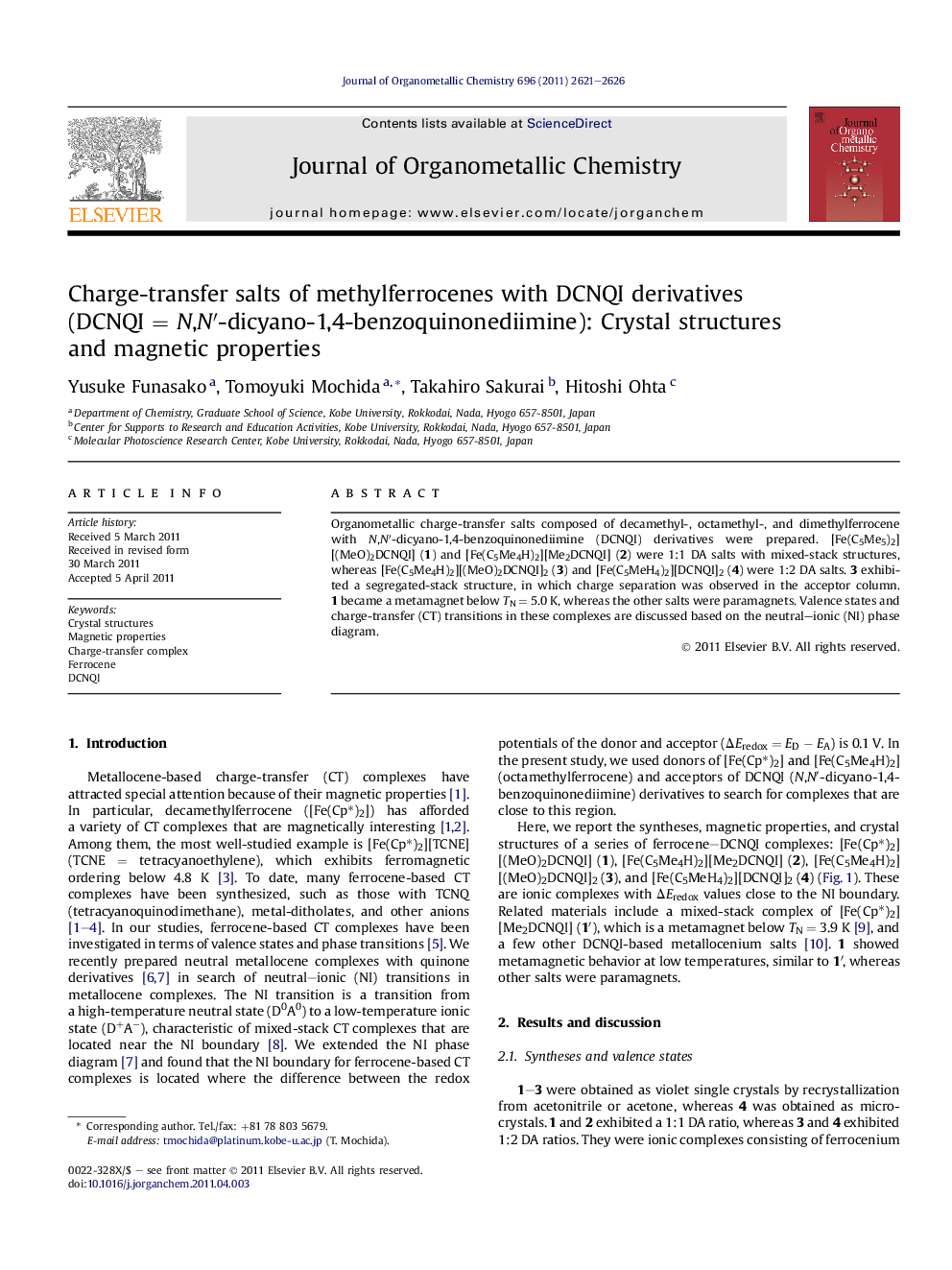 Charge-transfer salts of methylferrocenes with DCNQI derivatives (DCNQI = N,N′-dicyano-1,4-benzoquinonediimine): Crystal structures and magnetic properties