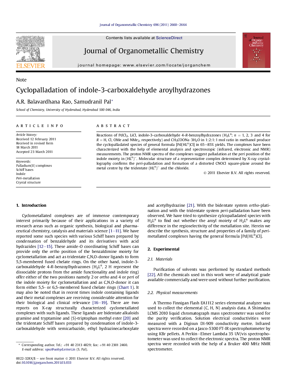 Cyclopalladation of indole-3-carboxaldehyde aroylhydrazones